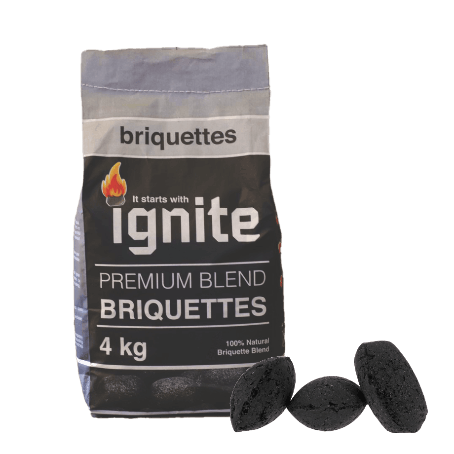 A 4kg bag of Ignite Briquettes with product render